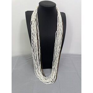Vintage White & Brown Beaded Necklace With Metal Accents